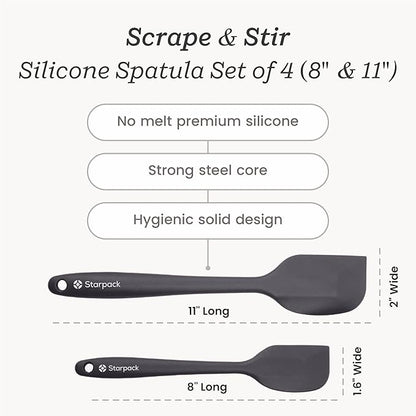 Starpack 'Scrape and Stir' Silicone Rubber Spatula Set (4-Piece) - LFGB Non Toxic, 600°F Heat Resistant, BPA-Free, One-Piece Kitchen Baking Spatulas - Dishwasher Safe for Nonstick Cookware Gray Black