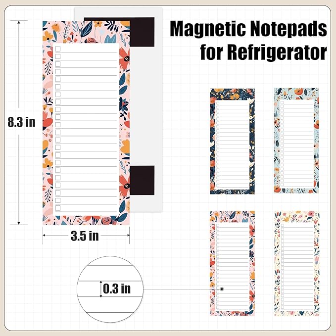 Koogel Magnetic Note Pads for Fridge, 4 Pack 200 Sheets Refrigerator Note Pad, Floral Design Fridge Notepad, 70g Premium Paper Tear-Off Sheets, Grocery Shopping List, To-Do List, Daily Reminders