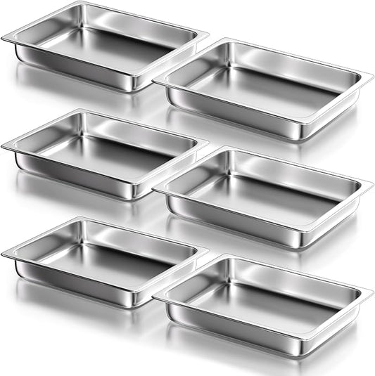 WantJoin Steam Table Hotel Pans - 1/2 Half Size 2.5 Inch Deep 6 Pack, Stainless Steel Food Storage Container Metal Tray Sets for Commercial Chafing Dishes Restaurant Buffet Catering Supplies