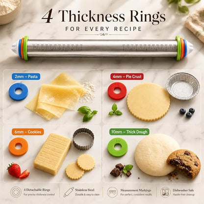 Adjustable Stainless Steel Rolling Pin & Non-Slip Silicone Baking Mat Set with Thickness Rings, Dough Roller with Guides & Pastry Mat for Fondant,Pizza, Cookies, Pies,Baking Supplies & Kitchen Gadgets