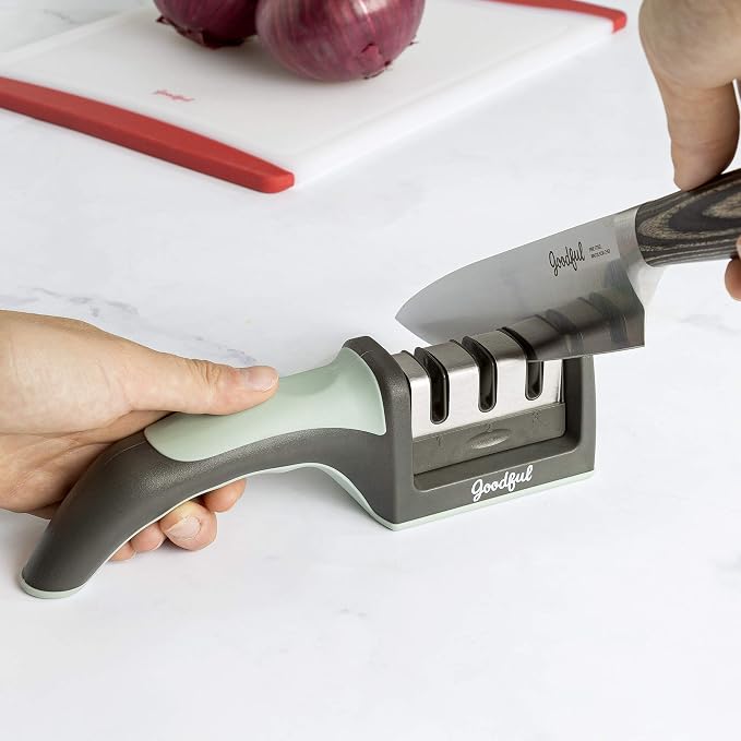 Goodful 3-Stage Knife Sharpener, Helps Repair, Restore and Polish Non-Serrated Blades Quickly, Safely & Easily, Sage