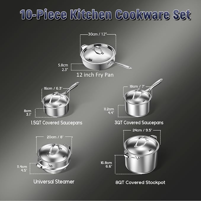 Cooks Standard Multi-ply Clad Stainless Steel Cookware Set, Includes Saucepans, Steamer, Stockpot, Frying Pans with Lids, Induction Compatible, Dishwasher Safe, Oven Safe, 10-Piece