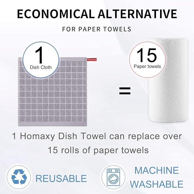 Homaxy 100% Cotton Terry Kitchen Dish Cloths, Ultra Soft and Absorbent Dish Towels for Kitchen, Suitable for Drying and Washing Dishes, 12 Pack, 12 x 12 Inches, Light Grey