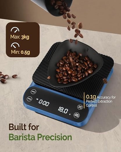 Maestri House S3 Coffee Scale with Timer, 3kg/0.1g Rechargeable Pour Over Coffee Scale, 3 Brew Modes, Adjustable Brew Ratios & Flow Rate Display, Scale for Pour Over, Espresso & French Press-Blue