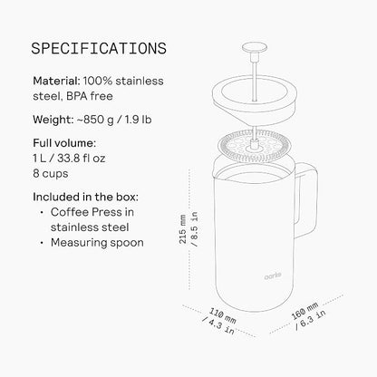 aarke Coffee Press - Premium 100% Stainless Steel Coffee Maker, 34oz (1L) Insulated Double-Walled Vacuum Body with Cool-Touch Exterior and Precision Mesh Filter