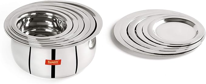 Sumeet Stainless Steel Belly Shape 6 Pc Tope/Cookware/Pot Set with Lid 380ML, 500ML, 780ML, 1.1Ltr, 1.4Ltr, 1.75Ltr (Silver)