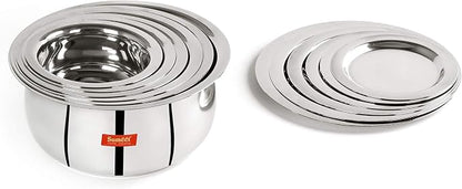 Sumeet Stainless Steel Belly Shape 6 Pc Tope/Cookware/Pot Set with Lid 380ML, 500ML, 780ML, 1.1Ltr, 1.4Ltr, 1.75Ltr (Silver)