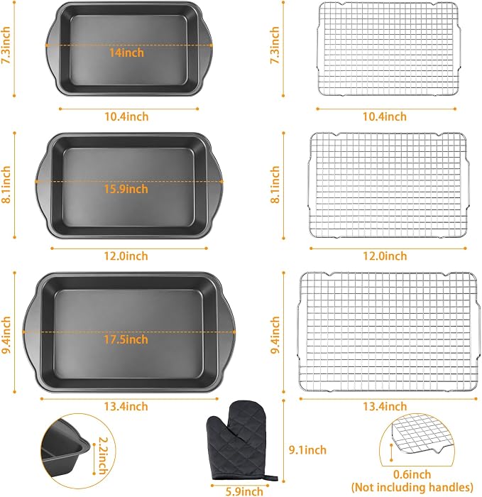 8PCS Deep Baking Pan Set, 14/15.9/17.5 Inch Nonstick Oven Pan with Cooling Racks & Oven Mitts, Heavy-Duty Roasting Pan with Wide Handles for Cakes, Lasagna and Meat, Black
