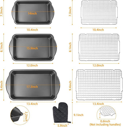 8PCS Deep Baking Pan Set, 14/15.9/17.5 Inch Nonstick Oven Pan with Cooling Racks & Oven Mitts, Heavy-Duty Roasting Pan with Wide Handles for Cakes, Lasagna and Meat, Black