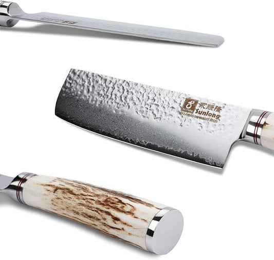 SUNLONG Usuba & Nakiri Knife 6.5 inch Fruit and Vegetable Knife Japanese Hammered Damascus Steel Super sharp - Natural Deer Horn Handle