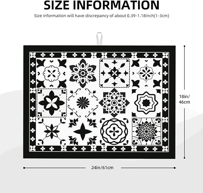 Retro Black Pattern Dish Drying Mat 18x24 For Kitchen Counter Absorbent Microfiber Dishes Pad Dish Drainer Rack Mats Fast Dry Kitchen Accessories