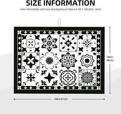 Retro Black Pattern Dish Drying Mat 18x24 For Kitchen Counter Absorbent Microfiber Dishes Pad Dish Drainer Rack Mats Fast Dry Kitchen Accessories