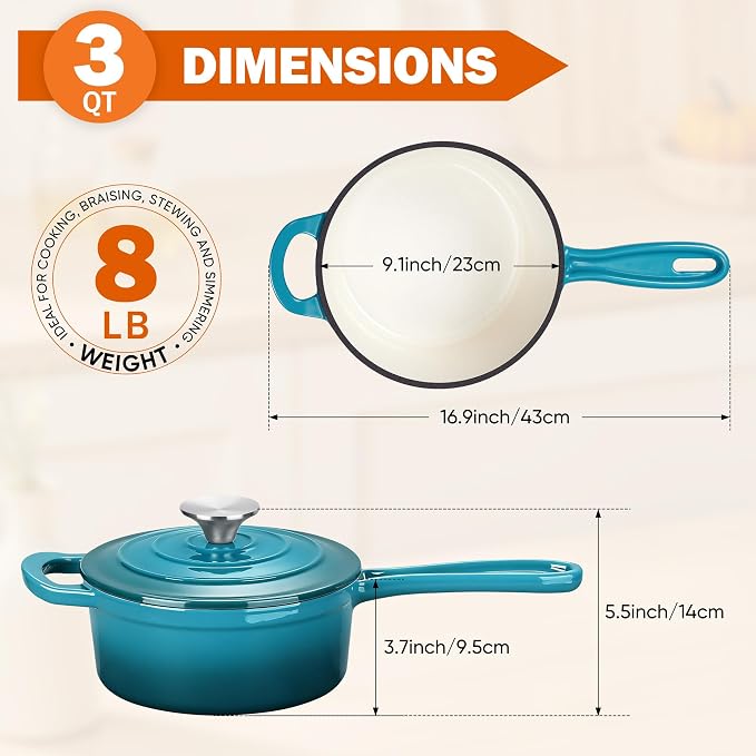 Homikit 3 Quart Saucepan with Lid, Enameled Cast Iron Saucepan for All Cooktops, Heavy Duty Cast Iron Pot for Kitchen Cooking, Boiling, Nonstick & Up to 500°F, Teal Ombre
