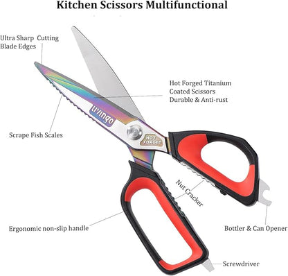 LIVINGO Heavy Duty Kitchen Shears - Titanium Coated Hot Forged Sharp Multipurpose Stainless Steel Utility Shears for Household Culinary Food Cutting Chicken Meat Cooking, Dishwasher Safe, 9.5 Inch