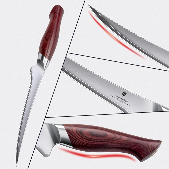 Fillet Knife 7 inch, Razor Sharp Fishing Boning Knife for Meat in 10Cr15Mov Japanese High Carbon Steel, Professional Kitchen with Flexible Blade and Ergonomic Pakkawood Handle