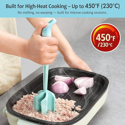 Ourokhome Meat Chopper and Potato Masher, Heat Resistant Nylon Ground Beef Smasher for Hamburger, 5 Curved Blades Nonstick Safe Mixer & Stirrer, Practical Kitchen Gadgets, Mint