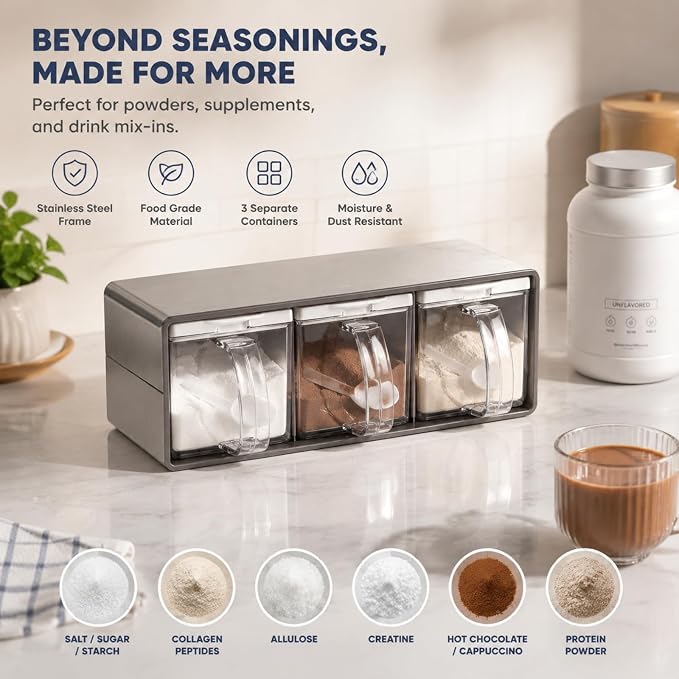 ZENFUN 3 Grids Seasoning Organizer Box, Stainless Steel Salt Container with Lid and Spoon, Seasoning Containers with Stainless Steel Rack for Home, Kitchen, Cafe, Storing Salt, Sugar, Pepper, Spice