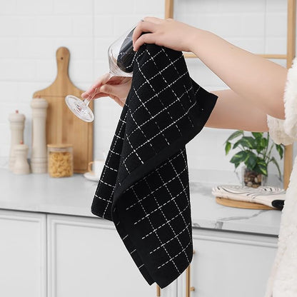 Homaxy 100% Cotton Terry Kitchen Towels(Black, 20 x 28 inches), Checkered Designed, Soft and Super Absorbent Dish Towels, Large 8 Pack