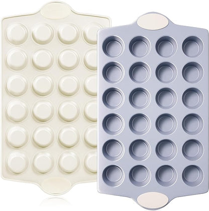 BRONYPRO Ceramic Mini Muffin Pan, 24-Cup Nonstick Aluminized Steel Mini Cupcake Pans, Healthy Non-Toxic Ceramic Coating Muffin Tin, 2 Pack Cup Cake Pans for Baking Cream