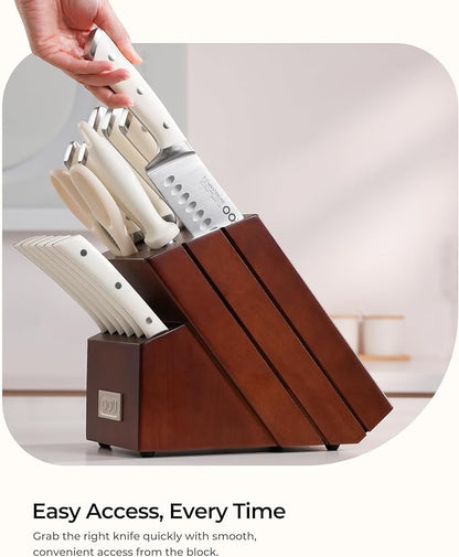 Knife Set, 15 Pcs German High Carbon Stainless Steel Kitchen Knife Set, Knife Sets with Block and Sharpener,Enduring Razor-Sharp FSC Wooden Knives Block Set for Kitchen，Brown