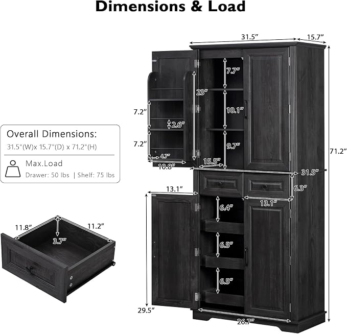 71.2" Tall Kitchen Pantry Cabinet with 3 Pull Out Cabinets Organizer, Farmhouse Embossed Texture Storage Cabinet with 6 Door Shelves, 2 Drawers, Black Freestanding Cupboard for Kitchen, Dining Room
