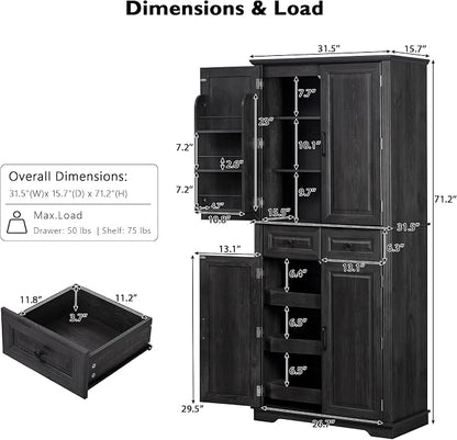 71.2" Tall Kitchen Pantry Cabinet with 3 Pull Out Cabinets Organizer, Farmhouse Embossed Texture Storage Cabinet with 6 Door Shelves, 2 Drawers, Black Freestanding Cupboard for Kitchen, Dining Room