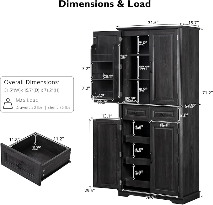 VilroCaz Wooden 71" H Kitchen Pantry with 3 Pull Out Cabinet Organizers, Freestanding Cupboard Storage Cabinet with 4 Doors and 2 Drawers, Farmhouse Embossed Texture Design (Black-5.K)