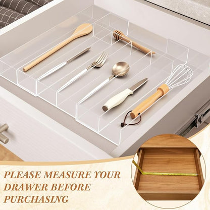Teenyyou 1 Pack Expandable Kitchen Drawer Organizer Clear Acrylic Utensil Organizer Adjustable Acrylic Silverware Storage for Drawers Silverware Flatware Knives (12 x 16 Inches,5-7 Compartments)