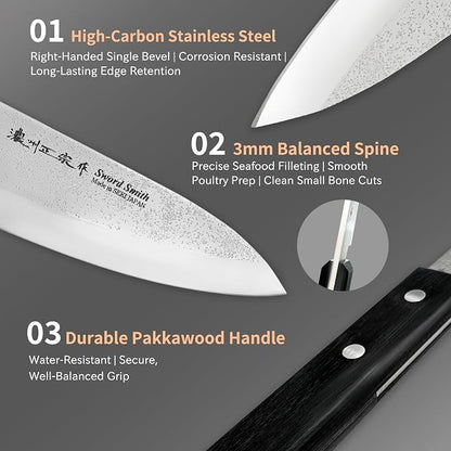 6 Inch Deba Knife, Made in Japan, Right-Handed Single Bevel Fish Butcher Knife, High Carbon Stainless Steel with Nashiji Finish, Pakkawood Handle for Fish Filleting & Butchering