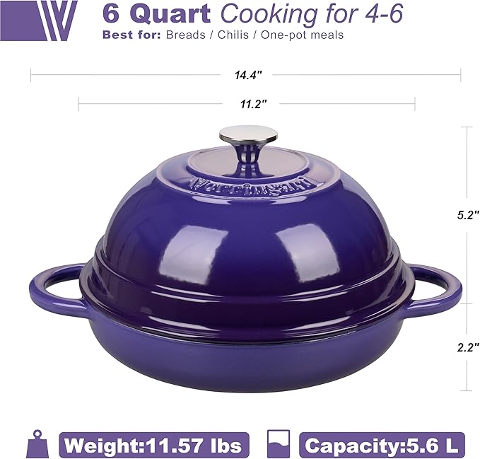 VORRINGARD Cast Iron Enameled Dutch Oven Pot with Lid for Bread Baking, Bread Oven, 6 Quart, Purple