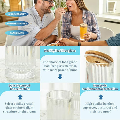Ribbed Glass Cups With Lids And Straws, 16oz Drinking Glasses, Vintage Glassware Set of 4 Large, Origami Style Cocktail Glasses, Tumbler for Bar Beverages, Whiskey (4PCS-16 Oz With Lid And Straw)