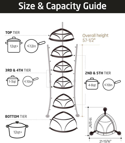 KES Oiled Bronze Freestanding Pot Rack, 6-Tier Cast Iron Cookware Stand with 6 Hooks, Pots and Pans Storage Tower for Kitchen, Stable Base, 264 Lbs Capacity, Anti-tip Strap & Floor Protectors