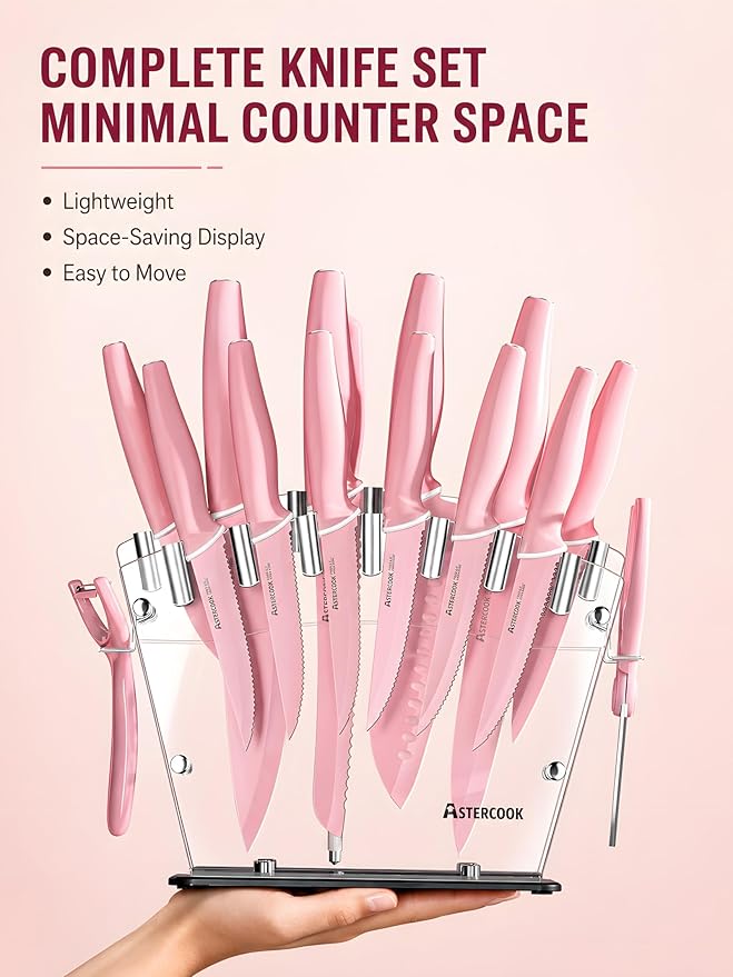 Astercook Knife Set with Block and Sharpener, 22 Piece Kitchen Knife Set Dishwasher Safe, Space-Saving Clear Knife Block with Knives for Everyday Home Cooking Pink