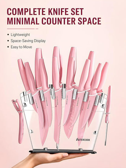 Astercook Knife Set with Block and Sharpener, 22 Piece Kitchen Knife Set Dishwasher Safe, Space-Saving Clear Knife Block with Knives for Everyday Home Cooking Pink