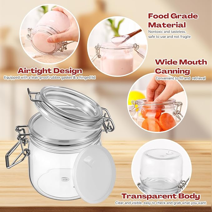 Suclain 8 Pcs 10 Oz/300ml Plastic Storage Jars with Airtight Hinged Lids Bulk, Clear Wide Mouth Food Storage Containers Empty Bottles Sealed Jars for Home Kitchen Candy Herbs Spices Coffee Nuts