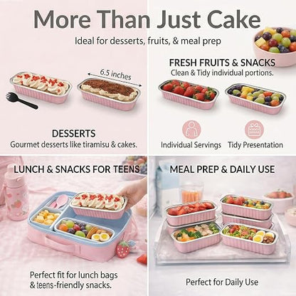 YQER Mini Loaf Pans with Lids for Baking Bread Disposable, 50Pcs 6.8oz Mini Cake Pans with Lids and Spoons Pink Sticker & 30Pcs 10oz Square Aluminum Pans Kit, Dessert Foil Baking Cupcake Tins