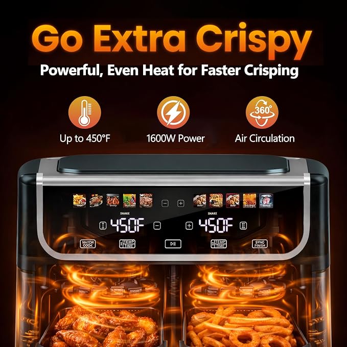 Simple Deluxe 9.5-Qt Dual Basket Air Fryer, 10-in-1 Digital Preset 1700W Airfryer, Sync Cook, Independent Temp Control, Shake Reminder, Nonstick Basket, Grey