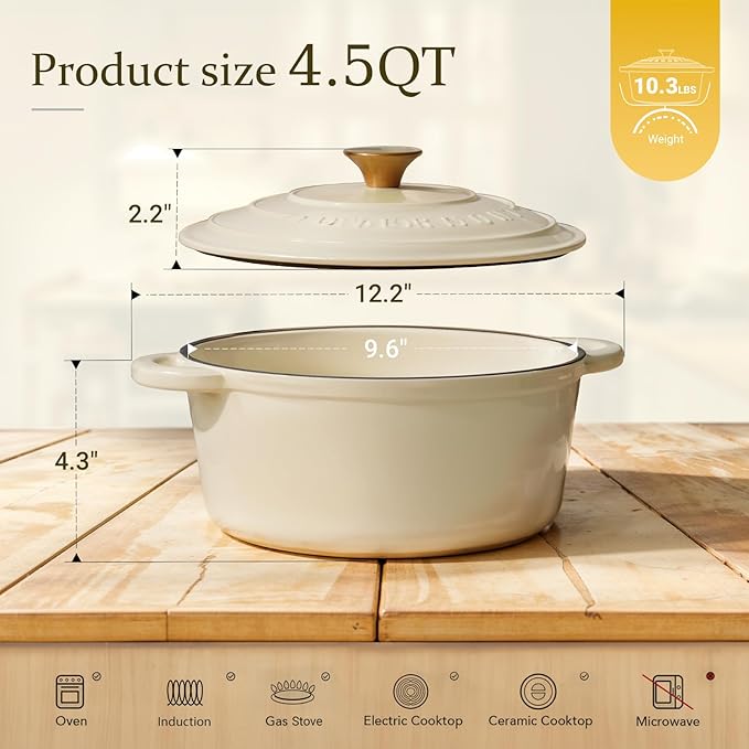 Overmont Enameled Cast Iron Dutch Oven - 4.5QT Pot with Lid Cookbook & Cotton Potholders - Heavy-Duty Cookware for Braising, Stews, Roasting, Sourdough Baking Cream White