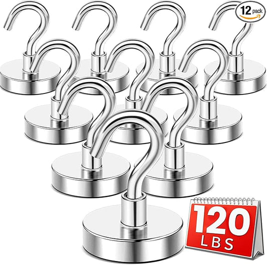 DIYMAG Magnetic Hooks,120 lb Heavy Duty Strong Magnet with Hook for Hanging Rare Earth Neodymium Magnet for Fridge Kitchen Cruise Grill Garage and Storage 12 Packs
