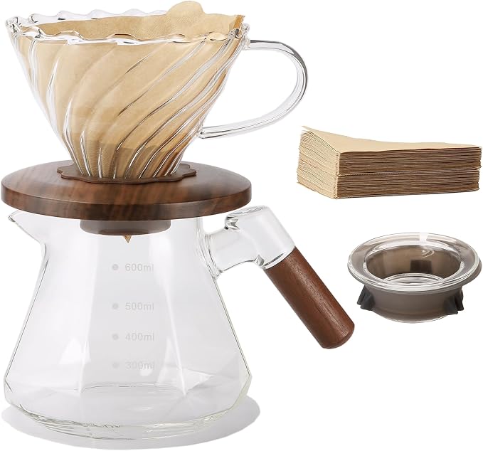 Lalord Pour Over Coffee Maker, 20 oz Borosilicate Glass Set with 100 pcs Paper Filter, Coffee Dripper with Walnut Collar, Coffee Pot with Glass Lid, 1-3 Cups, Clear, (600 ml)