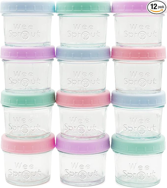 WeeSprout Baby Food Storage Glass Jars w/Lids (4 oz, 12 Pack) Pastel Variety, Snack, Reusable Small Containers, Fridge or Freezer, Microwave & Dishwasher Safe, Essentials for Infants