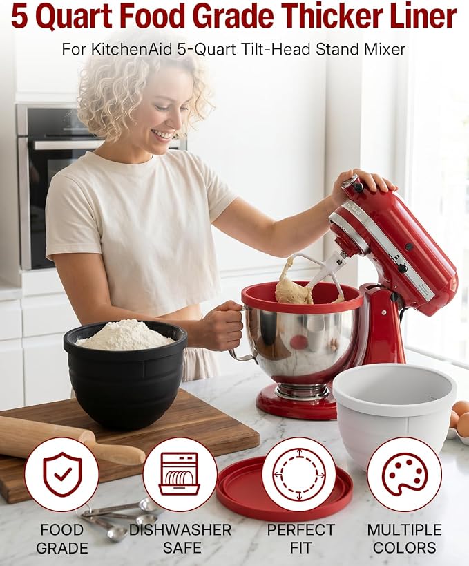 Silicone Bowl Liner for KitchenAid Tilt-Head 5QT Mixers, Kitchen Aid Accessories and Attachments for Baking and Cooking, Fits 5 Quart Mixing Bowl with Lids(White, 5QT)