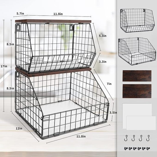 Mefirt Fruit Basket, Stackable Wall Mounted Fruit Baskets, Potato Baskets Onion Storage for Kitchen, Hanging Wire Basket with Wood Lid, 2-Tier Vegetable Organizer Kitchen Countertop Organization