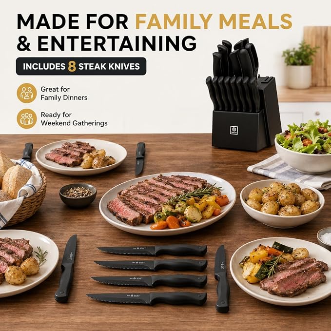 19-Piece Kitchen Knife Block Set with Built-in Sharpener, Upgraded Non-Stick Coating Blades, Ergonomic Handles, Dishwasher Safe, Black