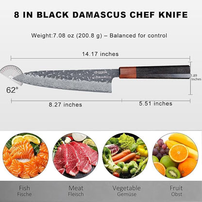 Japanese Chef Knife with VG10 Steel Core, 67-Layer Razor-Sharp Japanese Knife with Ergonomic Rosewood Handle, Professional Black Forged Chef's knives – Gift Grindstone Included