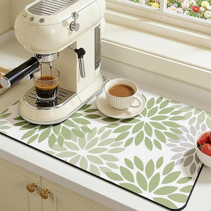 Findosom Floral Dish Drying Mat, 16" x 24" Super Absorbent & Hide Stain Coffee Mat, Cuttable Drying Mat for Kitchen Counter, Under Dish Rack, Coffee Maker, Espresso Machine, Sage Green