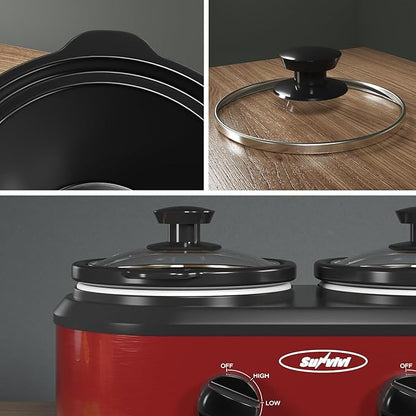 2 * 1.25 Quarts Dual Slow Cooker, Buffet Server & Warmer with 2 Removable Ceramic Pots, 3 Adjustable Temp Settings & 2 Visible Glass Lids, Stainless Steel, Red
