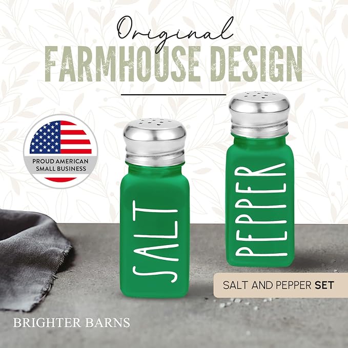 Green Salt and Pepper Shakers Set by Brighter Barns - Modern Farmhouse Kitchen Decor for Home, Restaurants, Airbnb - Cute Kitchen Decor and Accessories - Glass Shakers & Stainless Steel Lids (Green)