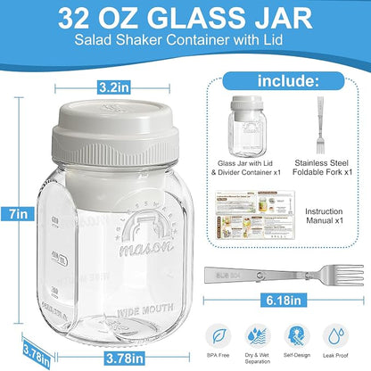 [UPGRADE] 1 Pack Glass Salad Jar with Silicone Divider Container for Meal Prep, Airtight Container for Lunch w Fork, Divider Separation for Dressing & Dry Ingredients, 32oz Overnight Oats Mason Jars