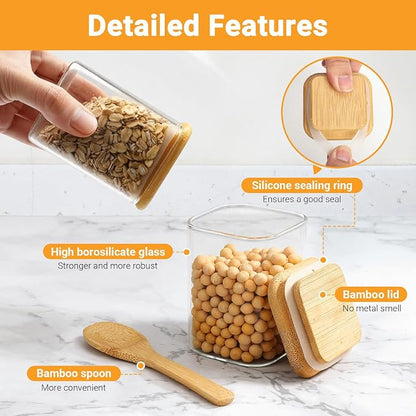 Square Glass Jars with Lid, 4 Pack 6 Fl.oz Glass Spice Jars with Bamboo Lids, Wide Mouth Food Storage Canister Pantry Containers for Sugar Coffee Tea Candy - Included Labels, Spoon and Marker